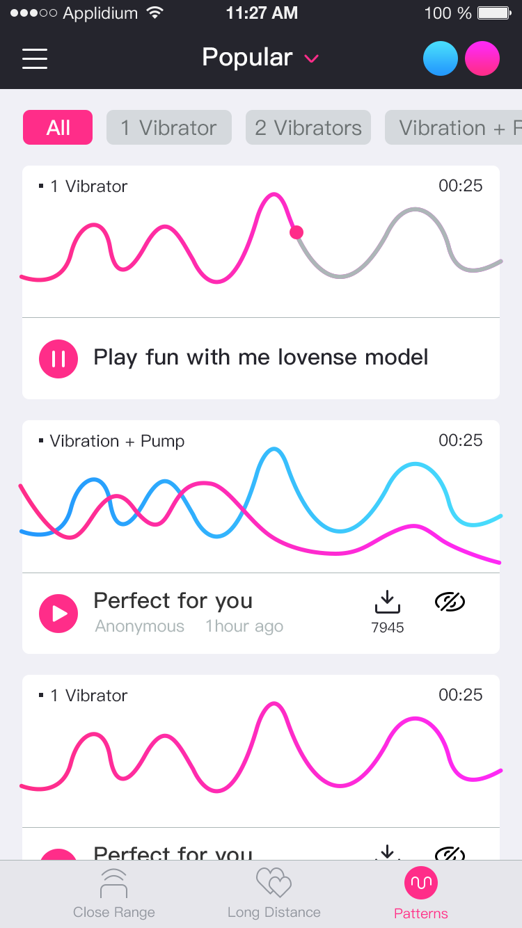 Skjermdump av Lovense Remote -appen create unlimited patterns.