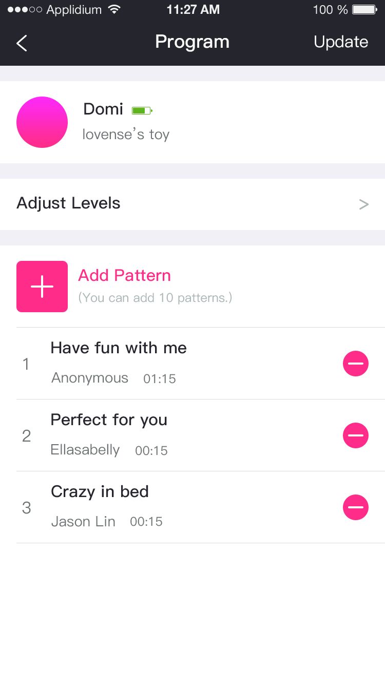 Skjermdump av Lovense Remote -appen opptil 10 programmeringsmønstre